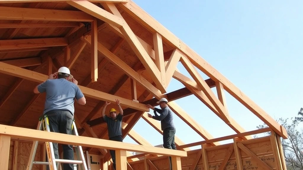 Workers installing roof trusses on shed structure, demonstrating proper bracing connections and spacing alignment for wind resistance