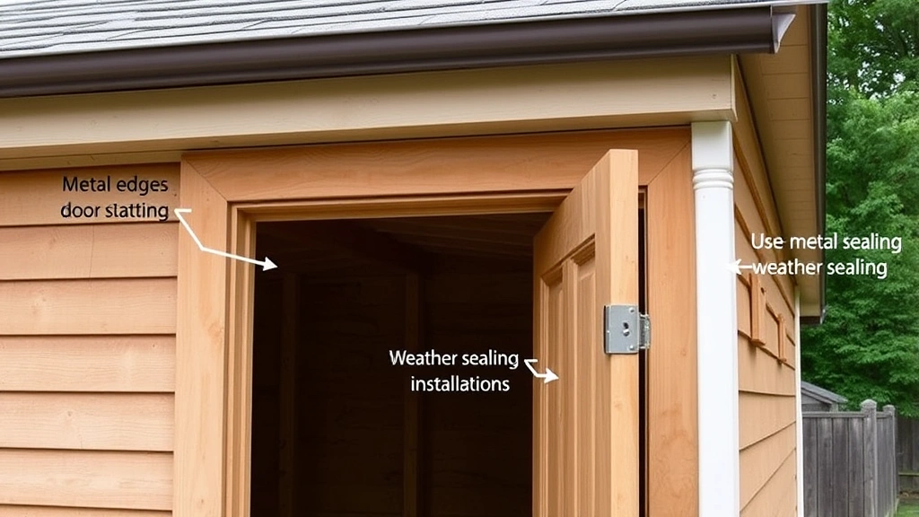 Finished shed exterior showing proper flashing installation around roofing, gutters, and door opening with metal drip edges and weather sealing