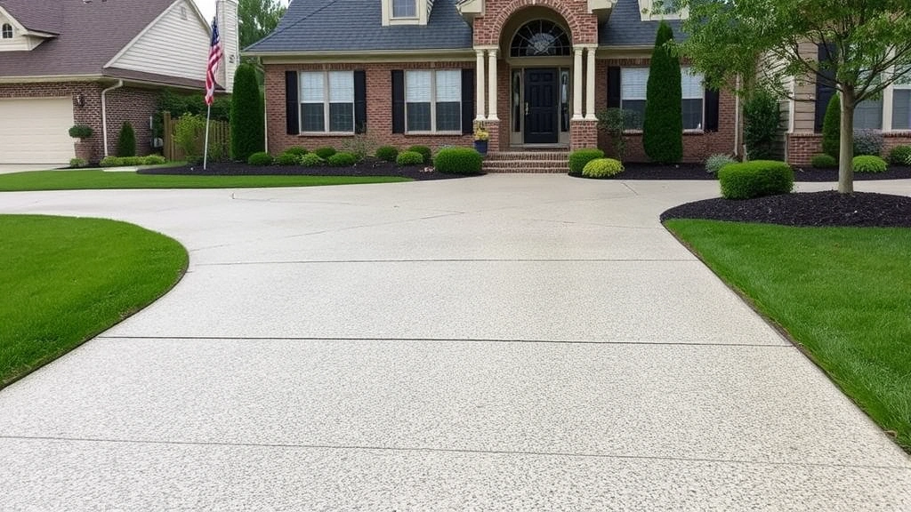 Finished residential concrete driveway with broom finish texture, displaying proper slope and drainage away from home structure in suburban setting