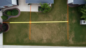 Aerial view of residential property showing surveyed property lines marked with orange paint, measuring tape stretched across yard, stakes and string line marking property boundaries on grass