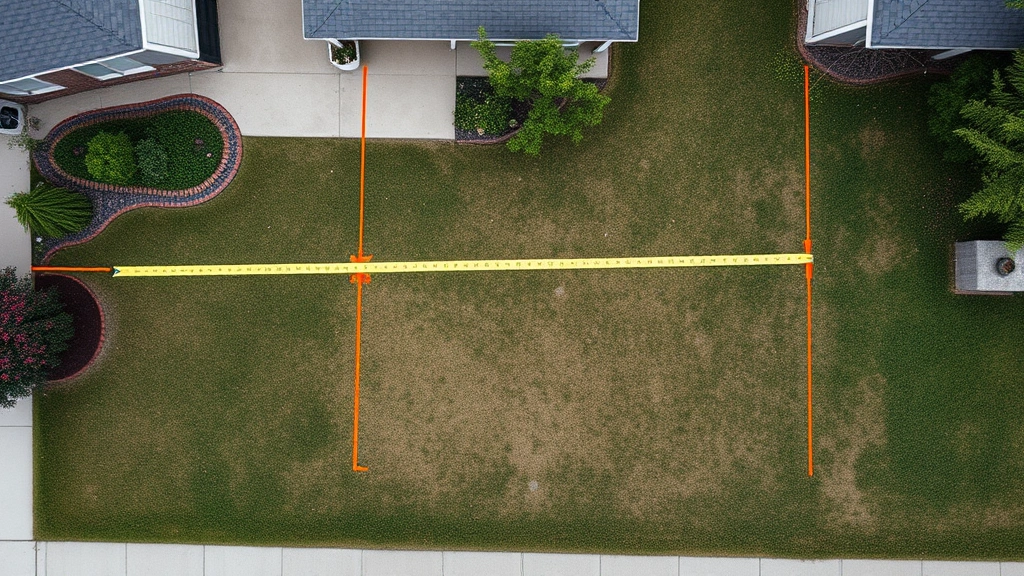 Aerial view of residential property showing surveyed property lines marked with orange paint, measuring tape stretched across yard, stakes and string line marking property boundaries on grass