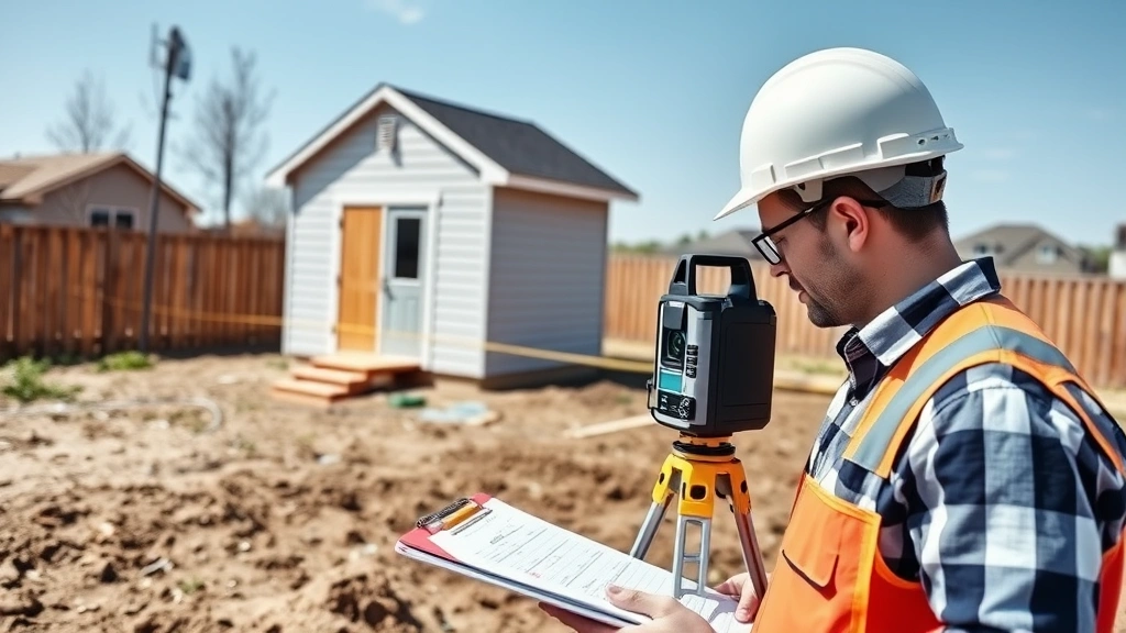 Construction worker using laser measuring device to measure distance from shed foundation to property line fence, clipboard with measurements visible, professional survey setup