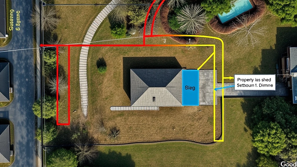 Detailed overhead view of residential lot with utility lines marked in different colors (red electric, yellow gas, blue water), shed placement diagram with setback distance annotations, property deed visible