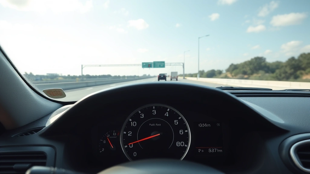 Close-up of a vehicle dashboard during daytime highway driving, showing speedometer, fuel gauge at three-quarter full, and windshield view of I-95 corridor with multiple lanes and clear road ahead