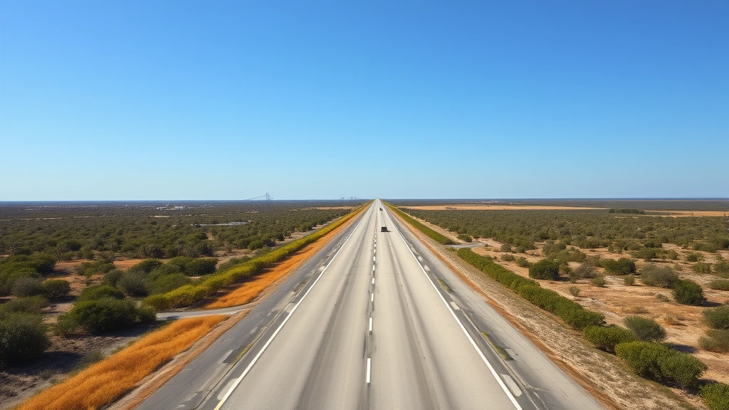 Wide landscape shot of an interstate highway stretching toward the horizon through flat Florida terrain with palmetto scrub vegetation on both sides, bright sunlight, and a few vehicles in distance