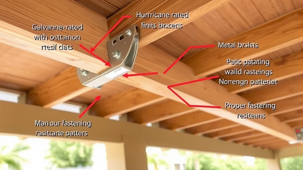 Close-up of hurricane-rated fastener connections on patio cover with galvanized bolts, metal brackets, and proper fastening patterns demonstrating wind load resistance for Florida structures