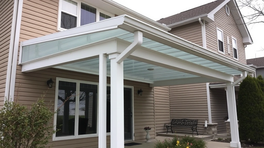 Completed polycarbonate patio cover attached to house with proper ledger board flashing, functioning gutters, and downspouts directing water away from foundation on residential property