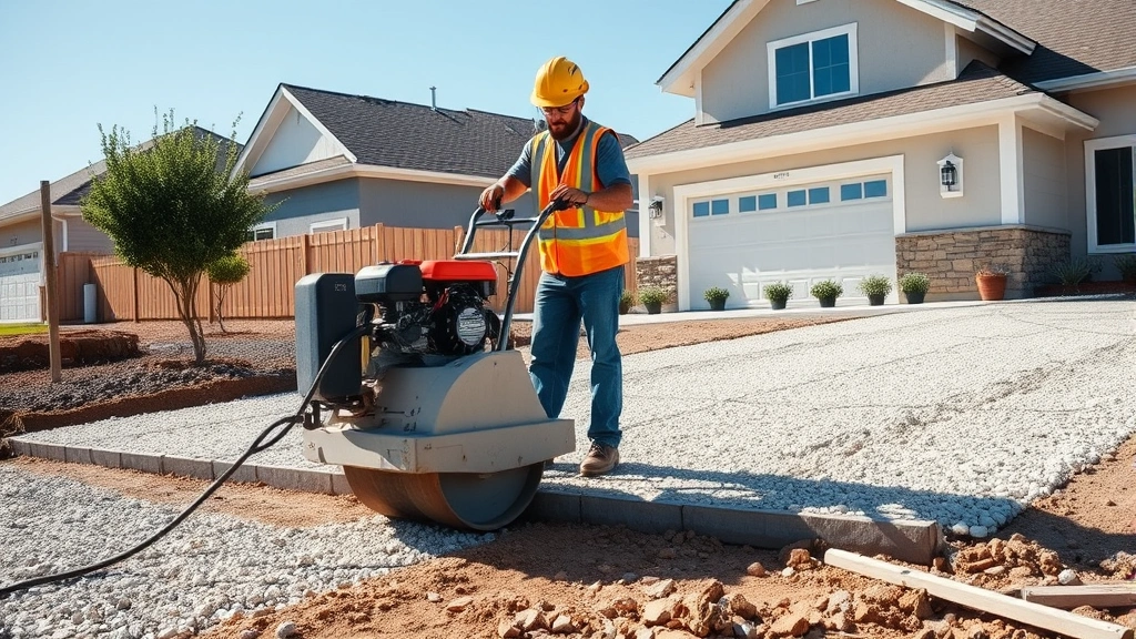 Professional construction worker using plate compactor on freshly prepared gravel base layer for driveway foundation, wearing safety gear and hard hat on sunny residential property