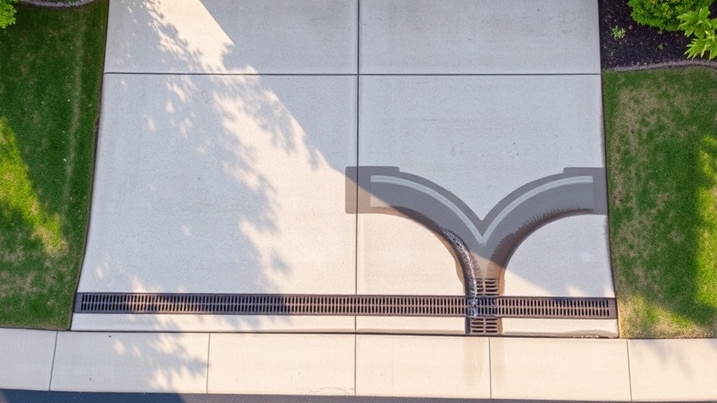 Aerial view of driveway with visible slope and drainage pattern, showing proper grading with water flowing toward street gutter, residential concrete surface with French drain installation