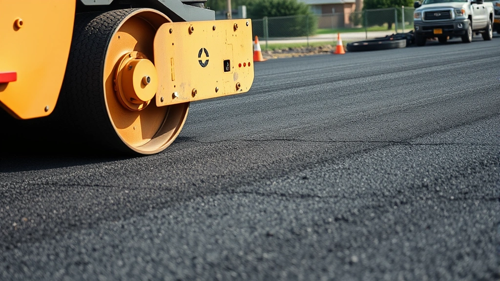 Close-up of asphalt roller compactor making final passes on newly installed hot mix asphalt, showing dark fresh surface with proper sheen and compaction, worker in background monitoring progress