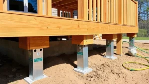 Professional deck construction showing properly installed galvanized post bases on concrete footings with frost line depth markers visible in cross-section, pressure-treated lumber posts perfectly plumb with level, clear daytime outdoor setting