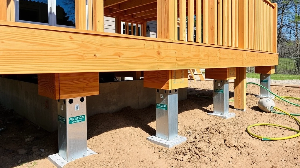 Professional deck construction showing properly installed galvanized post bases on concrete footings with frost line depth markers visible in cross-section, pressure-treated lumber posts perfectly plumb with level, clear daytime outdoor setting