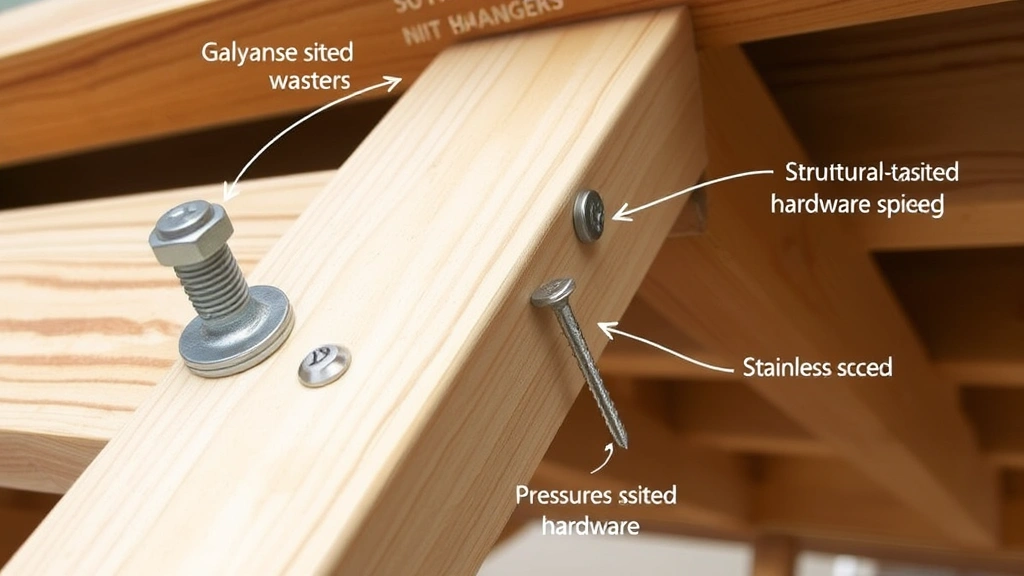 Close-up of deck fastening details showing galvanized bolts with washers in joist hangers, structural screws properly spaced, and stainless steel hardware installed correctly on pressure-treated framing members