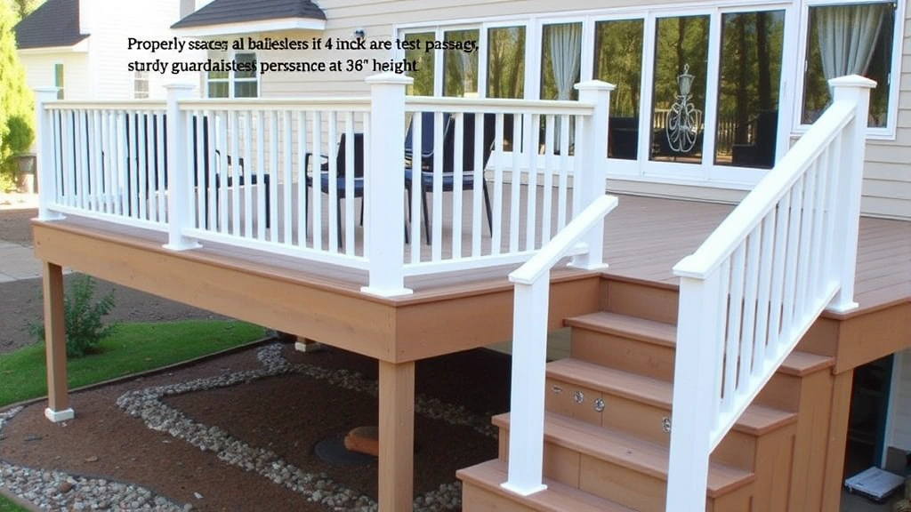 Completed residential deck with properly spaced balusters allowing 4-inch sphere test passage, sturdy guardrails at 36 inches height, composite or pressure-treated decking boards with uniform spacing, and well-constructed stairs with anti-slip treads