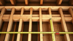 Close-up of wooden wall framing showing studs spaced 16 inches apart with measuring tape and level tool visible, construction site lighting, photorealistic detail of fastener placement and lumber quality