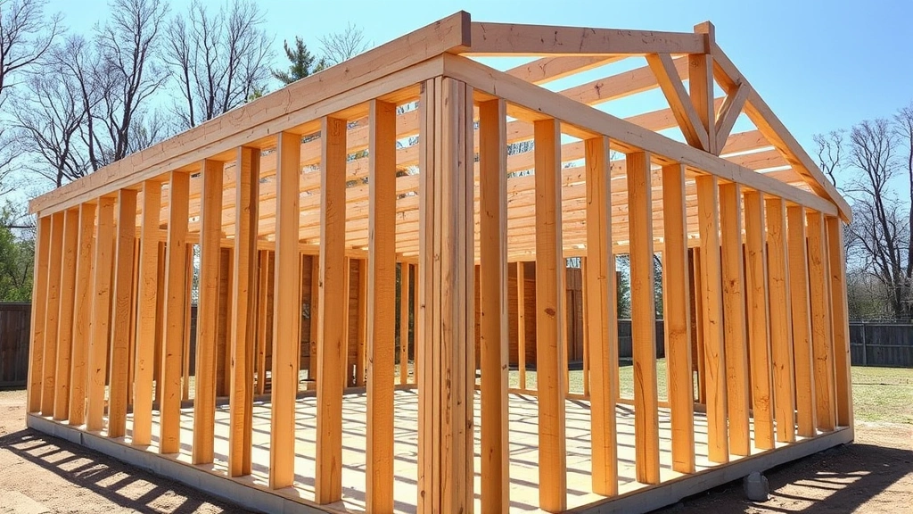 Wide angle of completed shed frame during construction showing multiple walls with consistent stud spacing, corner framing detail, temporary diagonal bracing visible, sunny outdoor setting