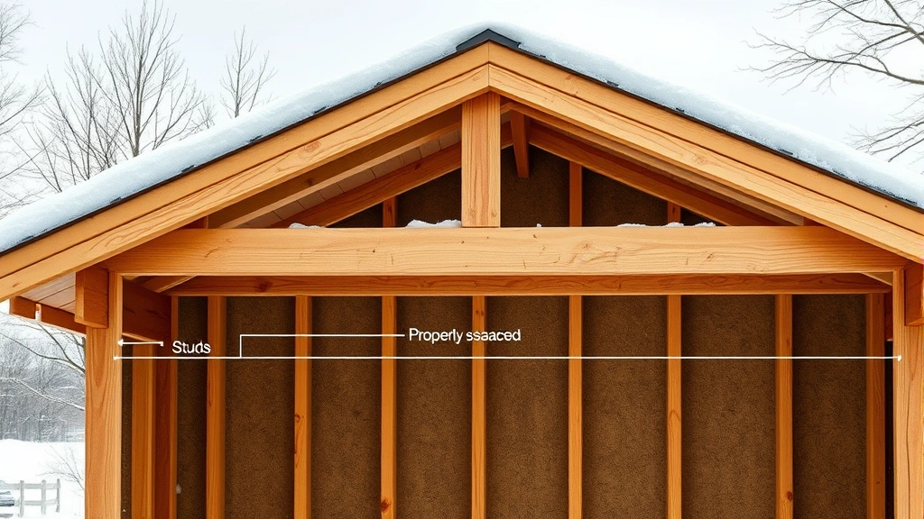 Detailed cross-section view of shed wall showing snow load distribution on roof rafters connecting to properly spaced studs, structural load path visualization, professional construction photography style