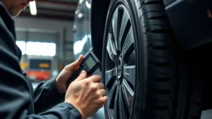 Professional mechanic checking tire pressure and tread depth on a vehicle in a well-lit garage, using a digital tire pressure gauge, close-up of tire inspection