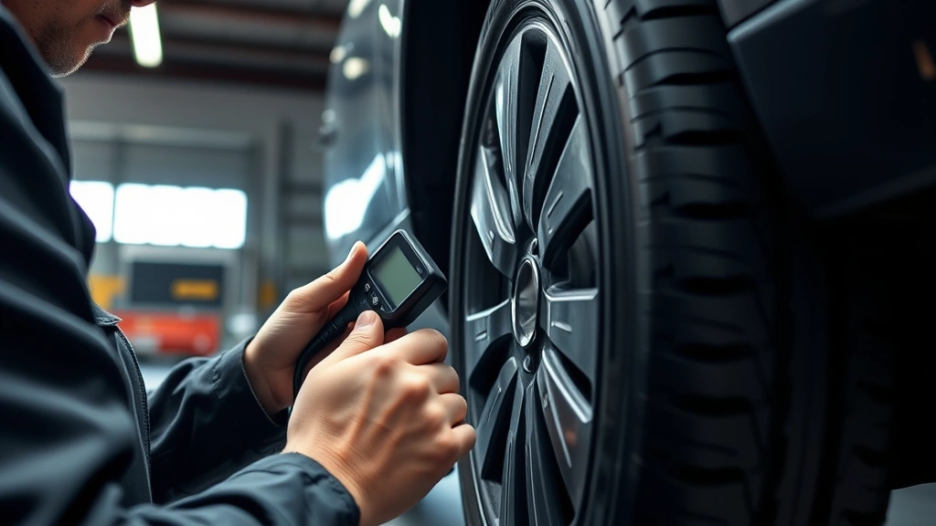Professional mechanic checking tire pressure and tread depth on a vehicle in a well-lit garage, using a digital tire pressure gauge, close-up of tire inspection