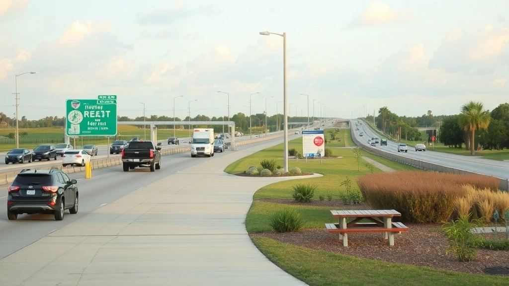 Highway rest area with multiple parked vehicles, picnic tables, and landscaping in Central Florida during daytime, showing travelers taking breaks