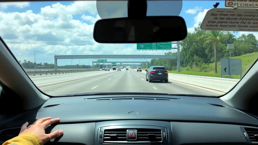 Interior dashboard view of a car traveling northbound on a multi-lane interstate highway in Florida with clear road markings and traffic flow visible ahead