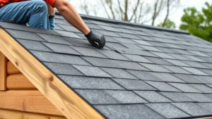 Professional roofer installing asphalt shingles on wooden shed roof structure with proper nail placement and overlap technique visible