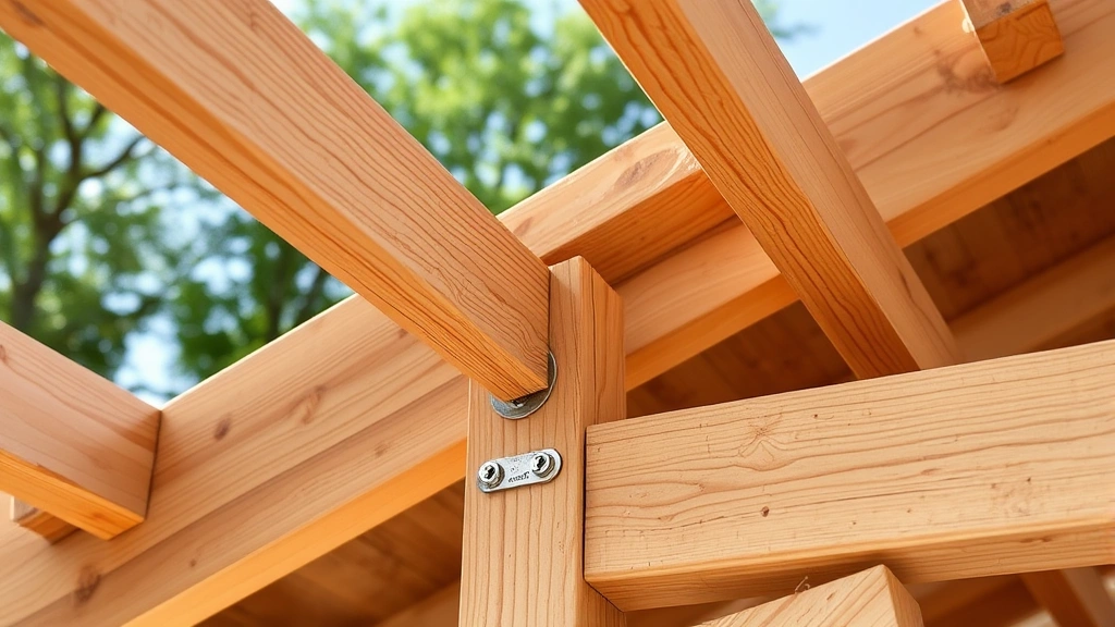 Close-up of rafter connection with bird's mouth notch, collar ties, and proper fastening hardware on shed roof framing assembly