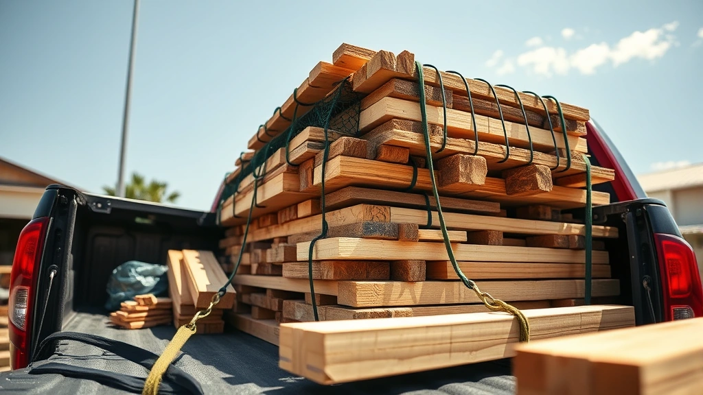 Close-up of a pickup truck loaded with lumber and building materials properly secured with ratchet straps and cargo netting, showing organized stacking on a sunny day with clear skies
