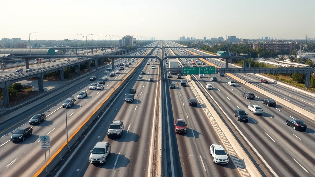 Wide overhead view of a busy Interstate 95 highway corridor during daytime with multiple lanes of vehicles, showing diverse traffic flow and clear road markings without any text or signs visible