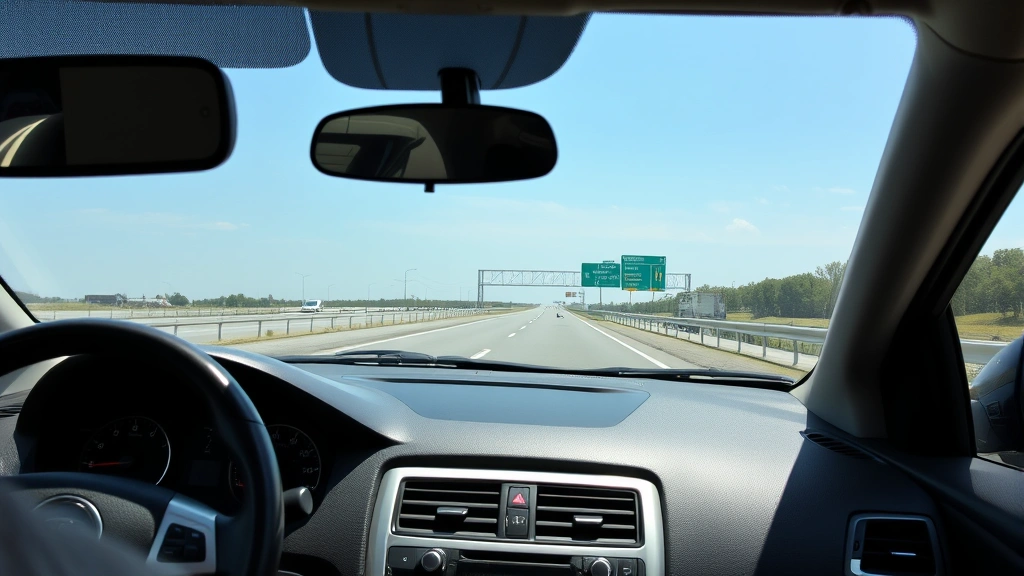 Detailed shot of a vehicle's dashboard and windshield during highway driving showing clear road ahead, with mile marker signs visible in distance on a modern divided highway
