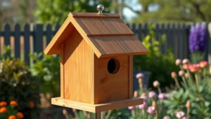 Photorealistic cedar wood birdhouse with peaked roof mounted on metal pole in garden setting, showing ventilation holes and drainage design, natural lighting