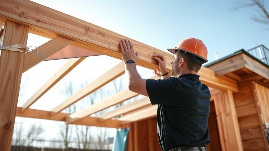 Professional carpenter installing wooden roof rafters on a shed structure, showing proper angled cuts and positioning, bright daylight construction site with power tools nearby