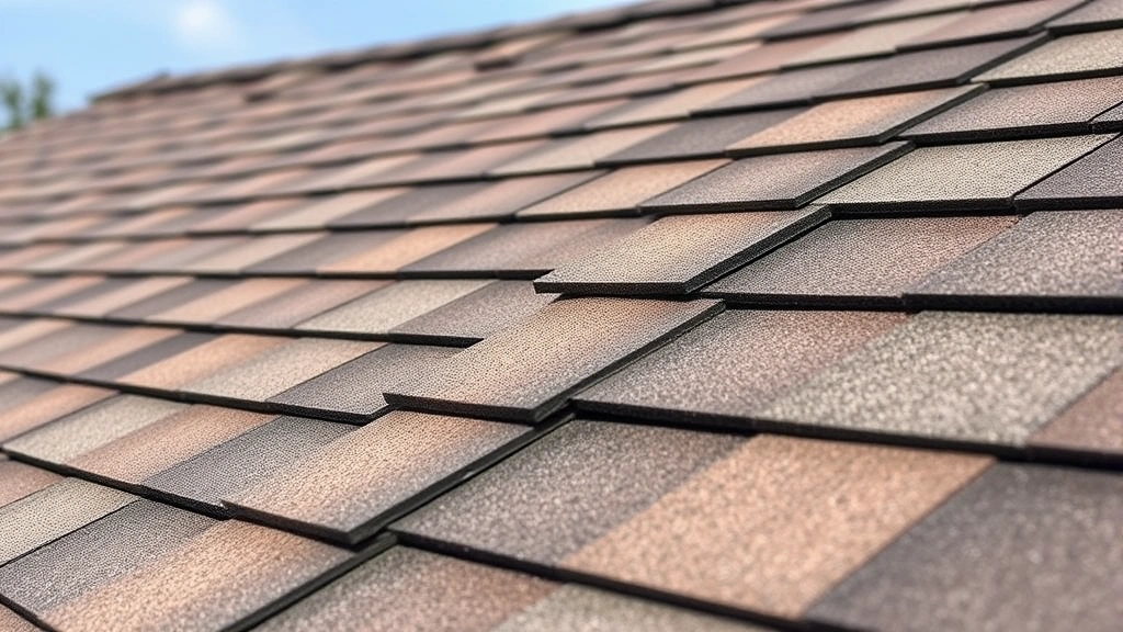 Close-up of roofing shingle installation on a residential shed roof, showing overlapping asphalt shingles with proper exposure and nail placement, clear day with visible roof slope