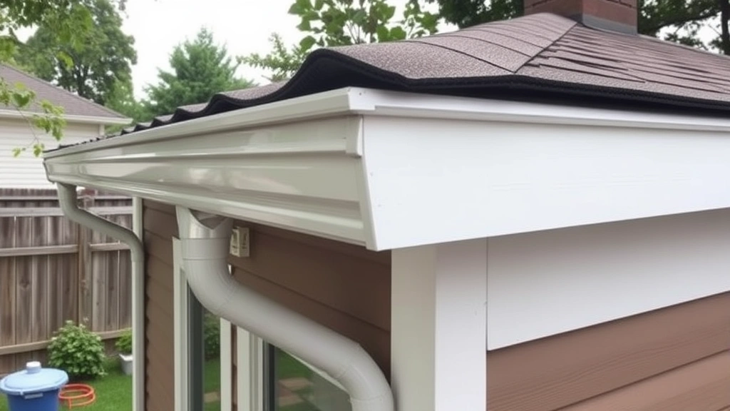Completed shed roof with metal gutters and downspouts installed, showing clean fascia boards, soffit vents, and properly finished eaves, residential backyard setting