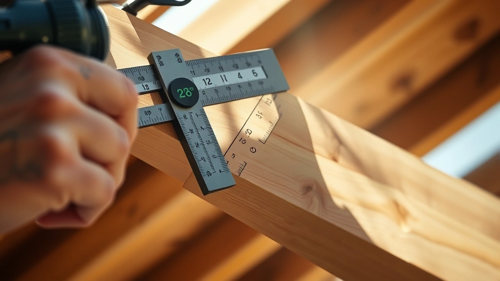 Close-up of carpenter measuring rafter angle with speed square on wooden beam, sunlight highlighting measurement marks, showing precise 26-degree angle marking on lumber