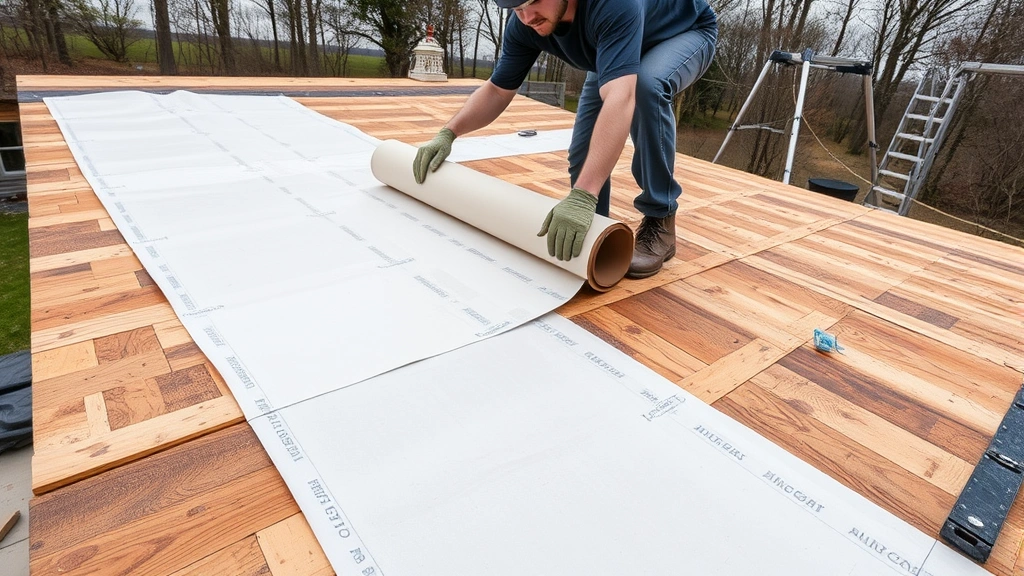 Wide shot of worker installing roof underlayment on residential shed, unrolling synthetic material across roof decking, overlapping courses visible, ladder in background