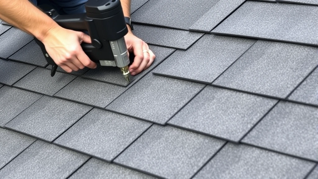 Detailed view of asphalt shingle installation on pitched roof, hands nailing shingle through nailing strip with pneumatic nailer, multiple overlapped rows showing staggered seams