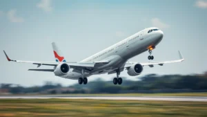 Commercial jet aircraft accelerating down runway during takeoff roll with landing gear extended and flaps deployed, dynamic motion blur effect