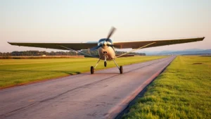 Homebuilt experimental aircraft on grass runway during early morning takeoff roll, showing landing gear contact with turf and propeller spinning, realistic construction details visible
