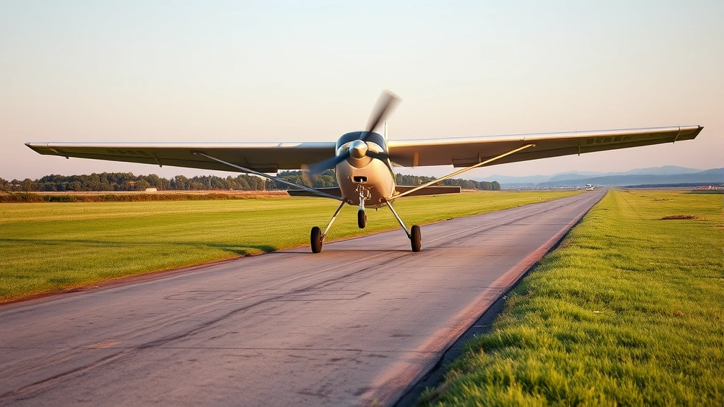 Homebuilt experimental aircraft on grass runway during early morning takeoff roll, showing landing gear contact with turf and propeller spinning, realistic construction details visible