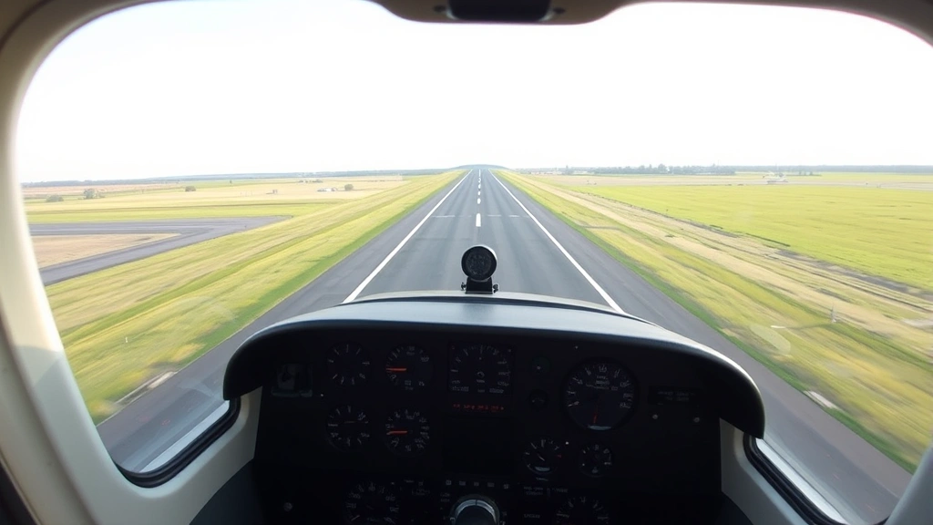 Pilot's-eye view from cockpit of small general aviation aircraft approaching rotation during takeoff, showing runway ahead and instrument panel, natural lighting conditions