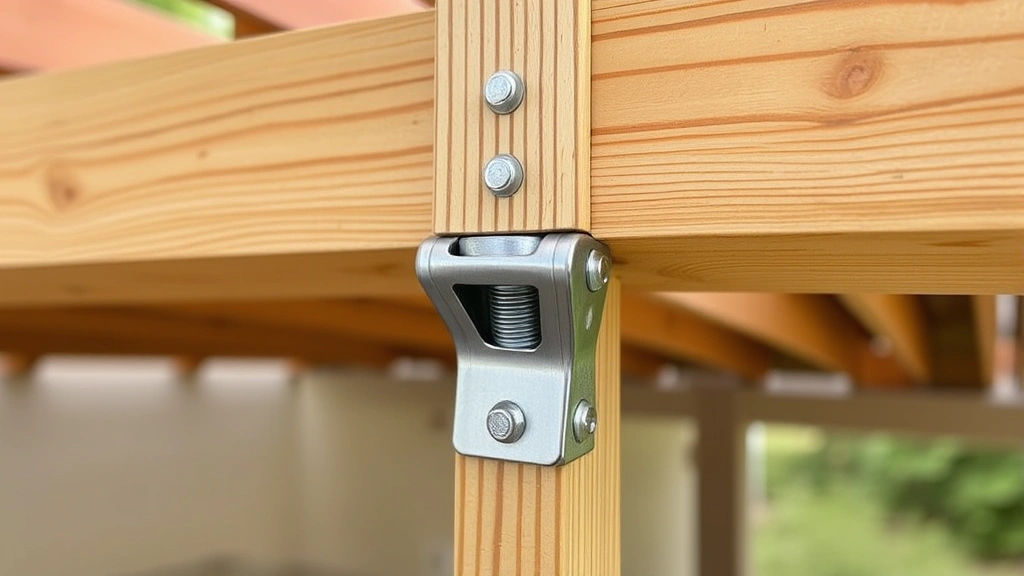 Close-up of pressure-treated lumber deck joists being connected to beam with galvanized bolts and metal joist hangers, demonstrating proper structural framing connections and fastener placement