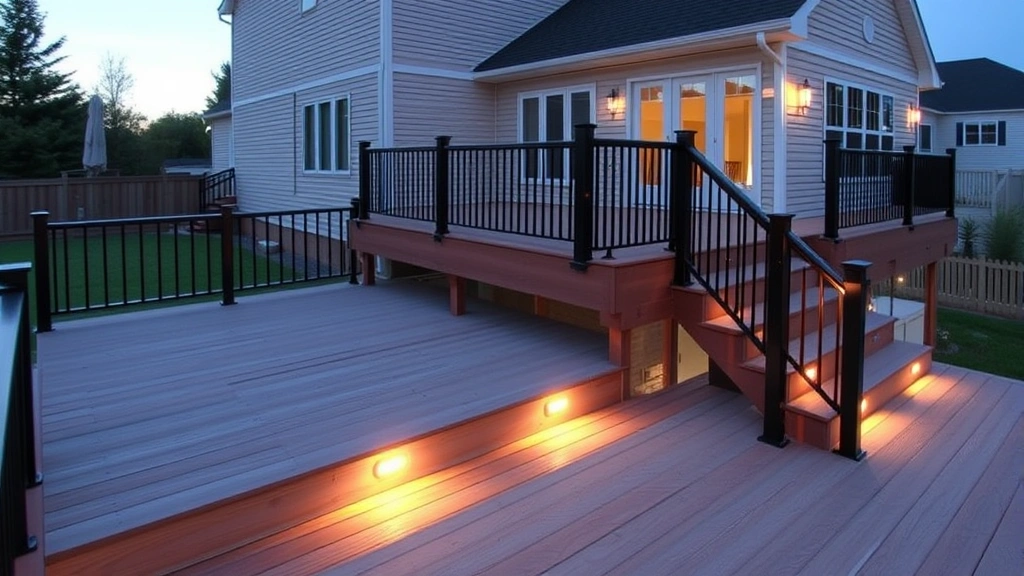 Completed residential deck with composite decking boards, black aluminum railings with vertical balusters, wooden stairs with handrails, and integrated deck lighting along the perimeter at dusk
