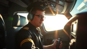 Professional pilot in modern glass cockpit of commercial aircraft, hands on yoke during flight, sunlight through windscreen, focused expression, realistic aviation environment