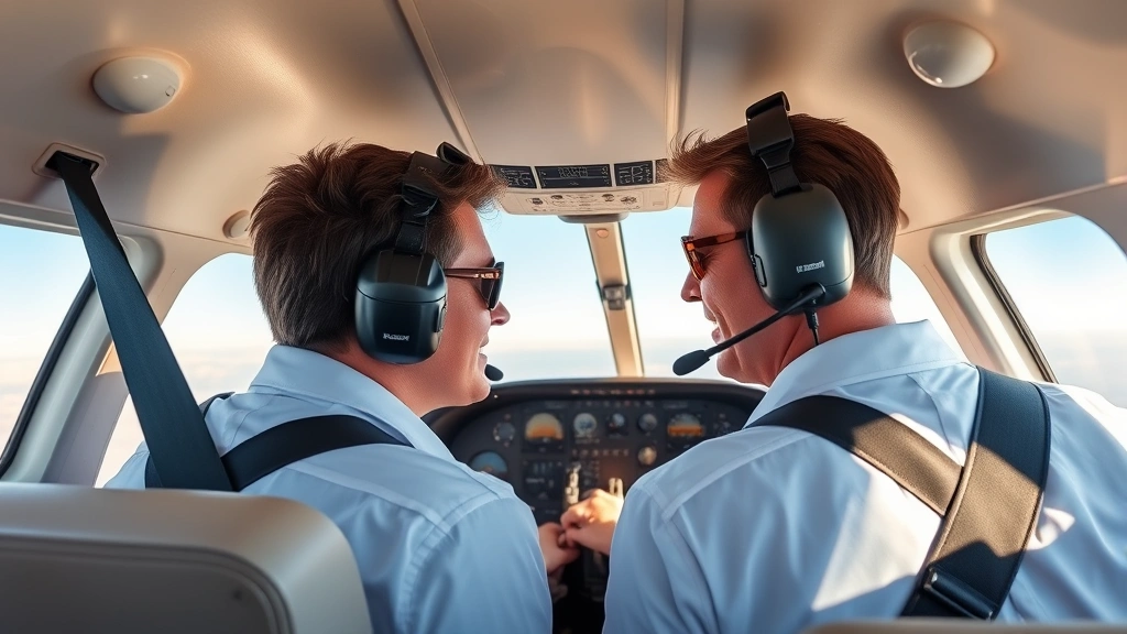 Flight instructor and student pilot in training aircraft during daytime flight, both wearing headsets, checking instruments together, clear sky visible through windows, professional training setting