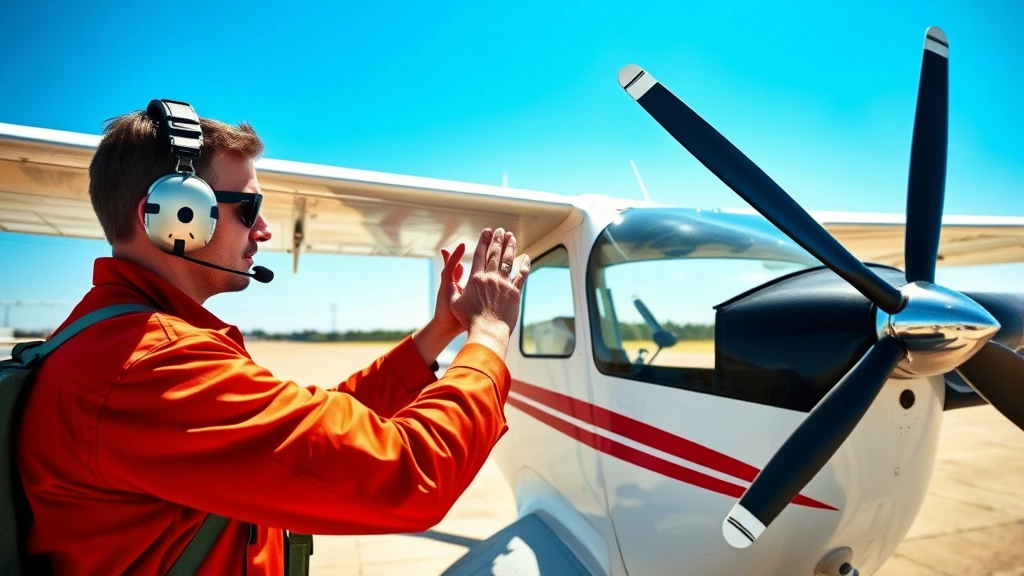 Pilot performing pre-flight aircraft inspection, checking wing surfaces and external components, sunny day at small airport, realistic maintenance procedures being conducted