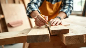 Professional carpenter measuring and marking wooden framing lumber on a workbench with pencil and speed square, bright workshop lighting, detailed focus on measurement accuracy