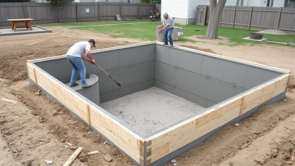 Concrete foundation being poured with wooden forms in place, workers smoothing surface with trowel, level ground preparation visible, residential backyard setting