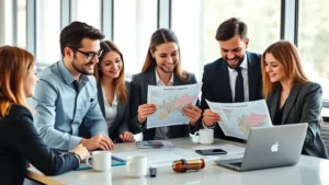 Diverse group of professionals in business casual attire reviewing Canadian immigration documents and maps at a modern office desk with coffee cups and laptops, natural lighting from windows
