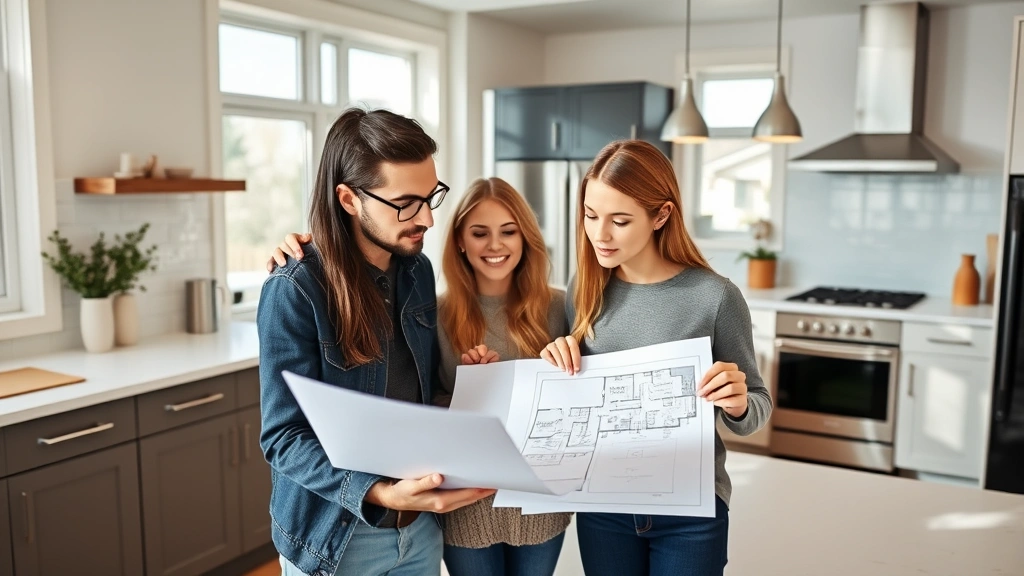 Real estate agent and young couple reviewing property listing documents and floor plans in a bright modern kitchen of a Canadian home, natural lighting, contemporary design